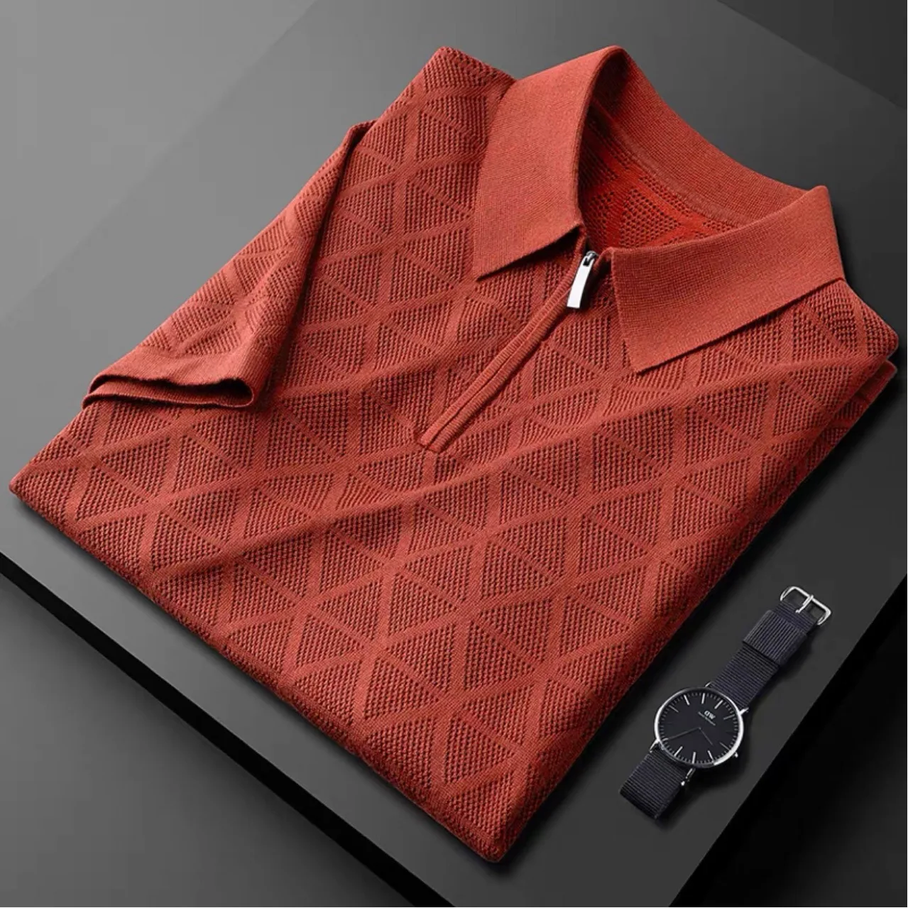 Men's Summer Diamond Plaid Knit Polo T-shirt
