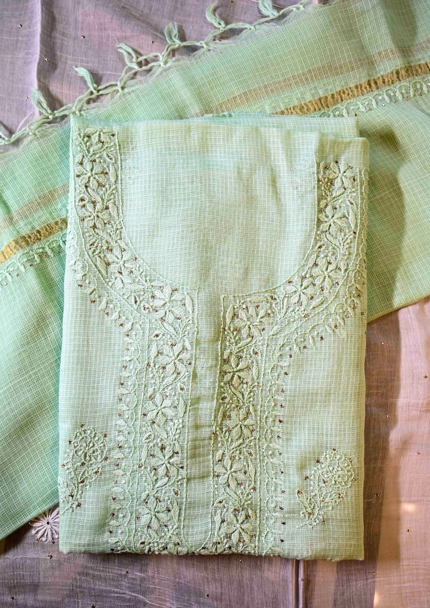 Women's Handcrafted Kota Cotton Chikankari Unstitched Kurta And Dupatta Set - SC073499