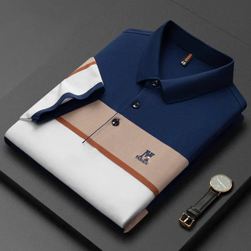 Premium striped M-line embroidery short sleeve polo T-shirt