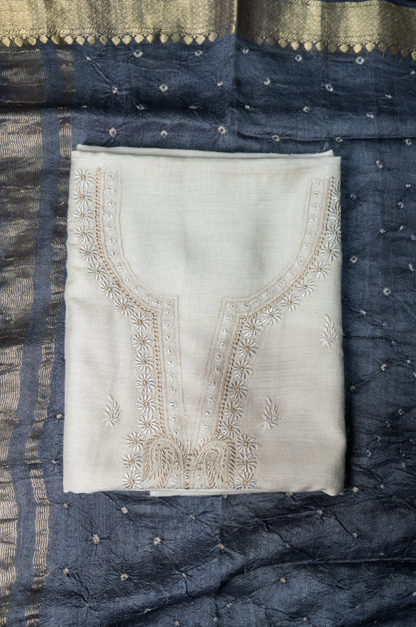 Women's Lakhnavi Handcrafted Munga Silk Chikankari Kurta And Dupatta Set - SC104676