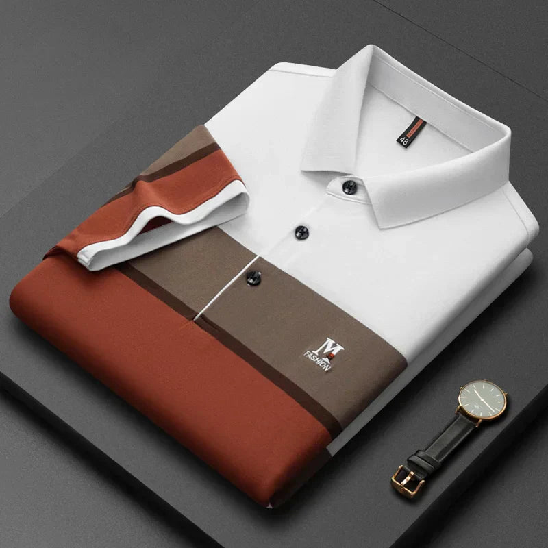 Premium striped M-line embroidery short sleeve polo T-shirt