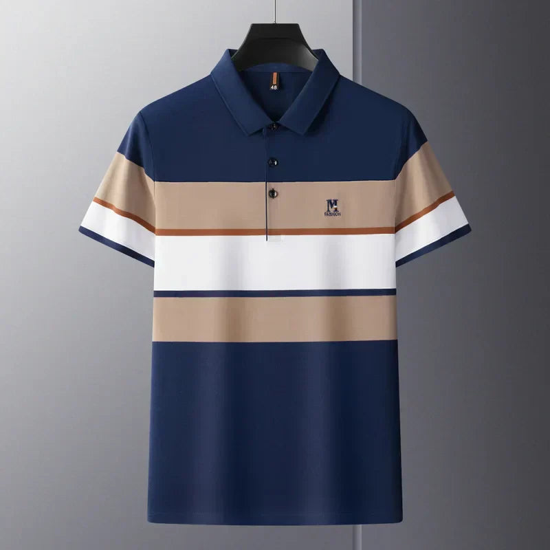 Premium striped M-line embroidery short sleeve polo T-shirt
