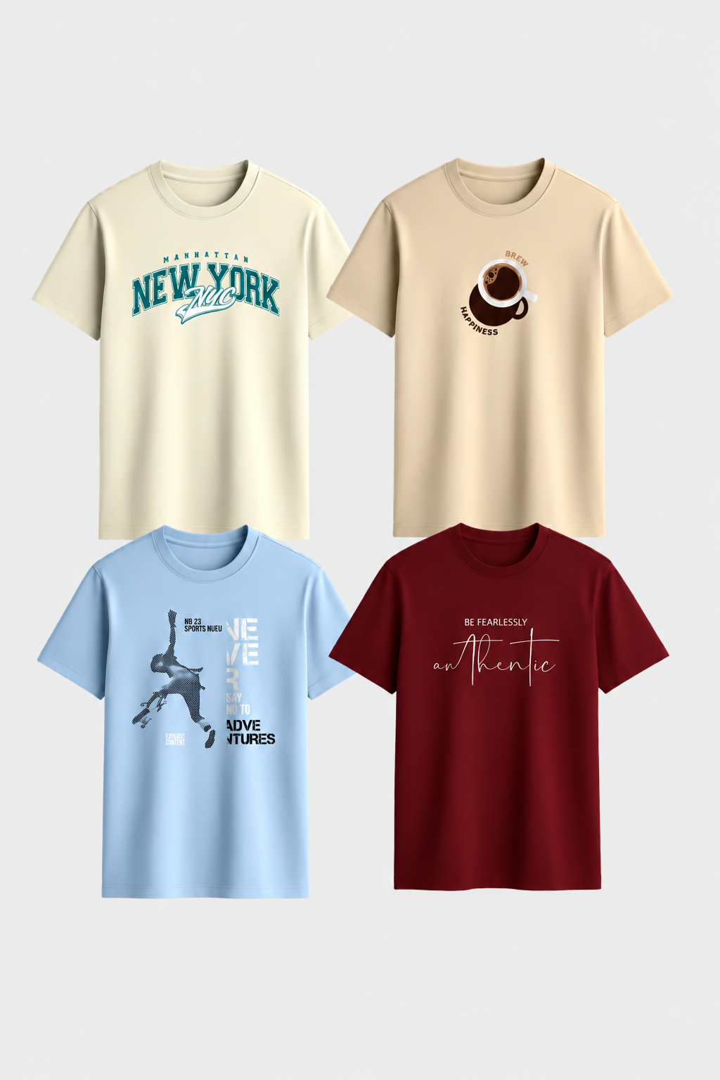 Combo Pack of (4) Men's Printed Round Neck T-Shirts Cream, Beige, Sky Blue, Maroon