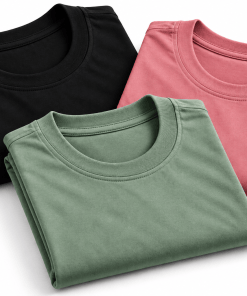 Combo Pack of (3) Men's Premium Plain Round Neck T-Shirts Black, Rose Pink, Sage Green